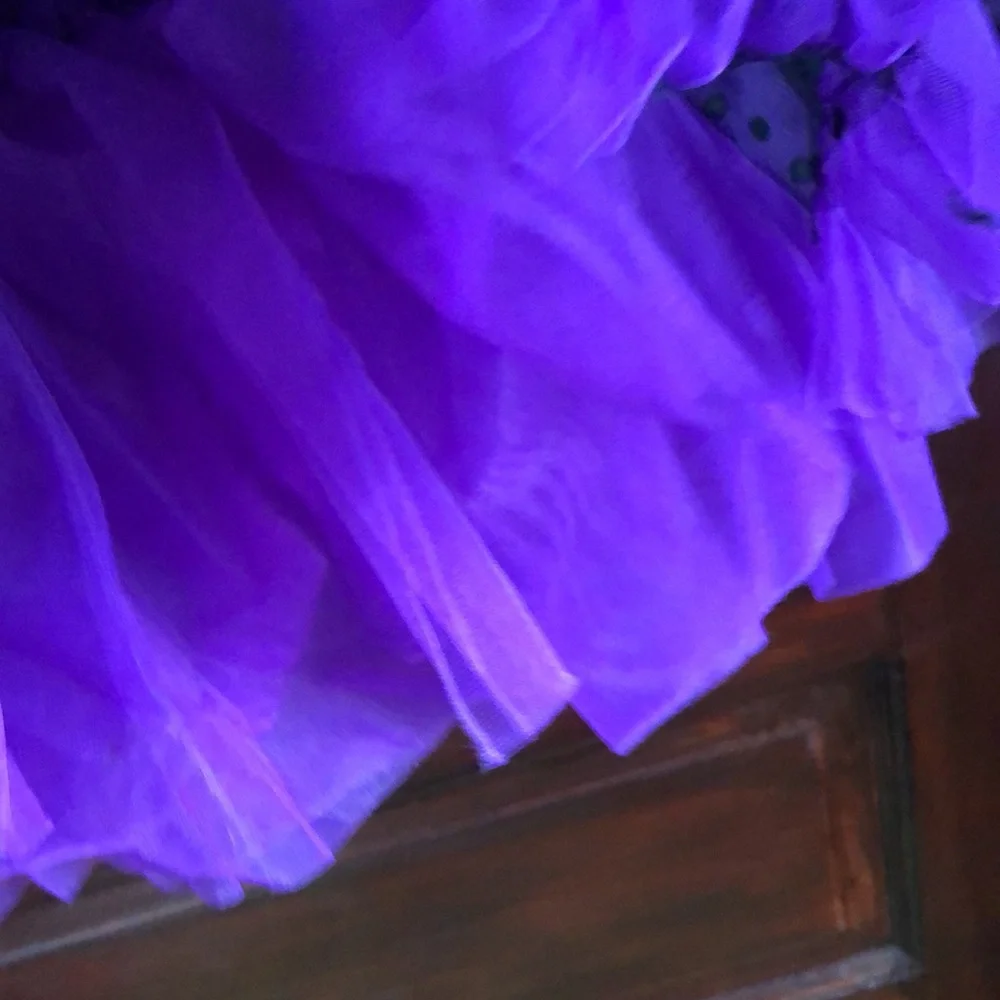 Weissman IC #10908 purple and black faux off shoulder/ ruffle on shoulder&skirt
